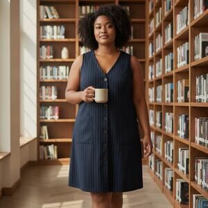 Navy Pinstripe XL Dress Button Tailored Career Workwear Layering Academic Chic